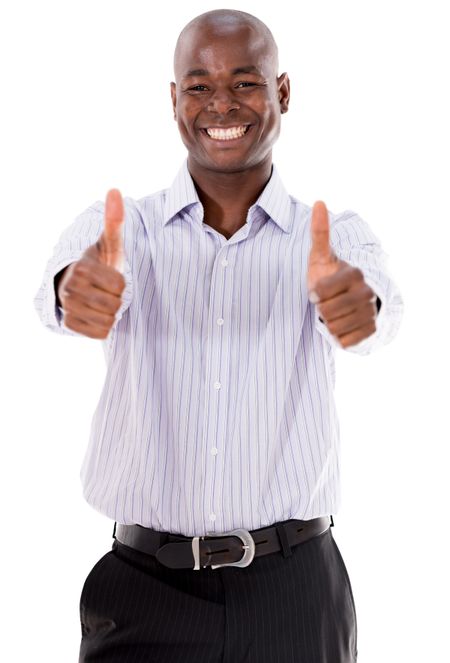 Very happy business man with thumbs up - isolated over white 