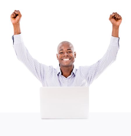 Business man happy with his online success - isolated over white  