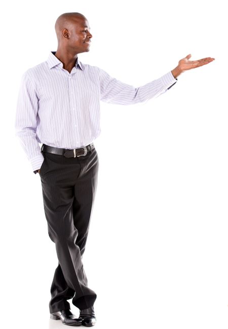 Business man presenting something with his hand - isolated over white 
