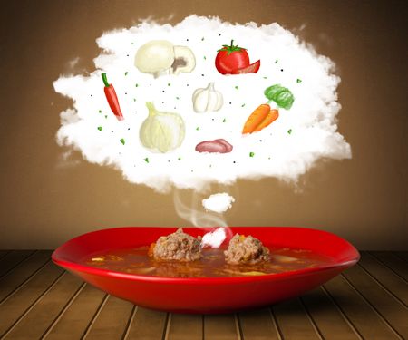Bowl of soup with vegetable ingredients illustration in cloud on wood deck 