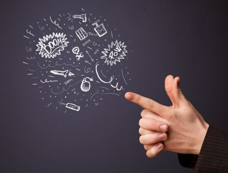 Sketched explosive weapons coming out of gun shaped hands