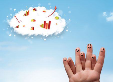 Happy finger smiley faces on hand with graph cloud icons in the sky