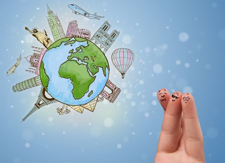 Cheerful happy smiling fingers with famous landmarks of the globe