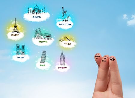 Cheerful happy smiling fingers with sightseeing landmarks icons