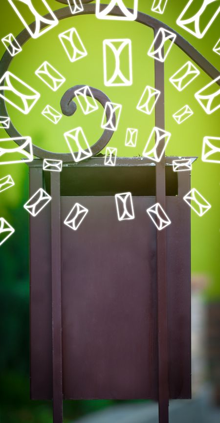 Mailbox with letter icons exploding on glowing green background