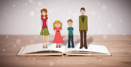 Drawing of a happy family on opened book. The symbol of unity and happiness