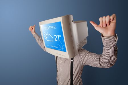 Young person with monitor head, weather forecast concept