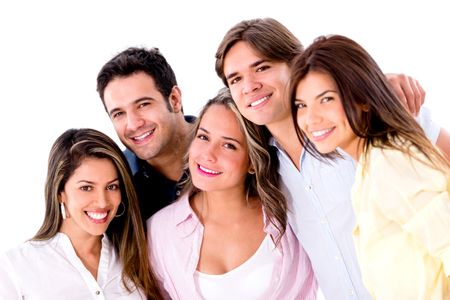 Happy group of casual friends - isolated over a white background