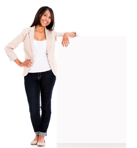 Happy woman with a banner - isolated over a white background 