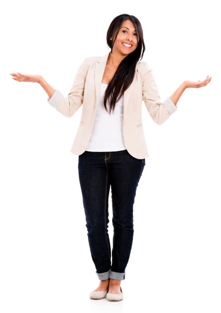 Doubtful casual woman - isolated over a white background 