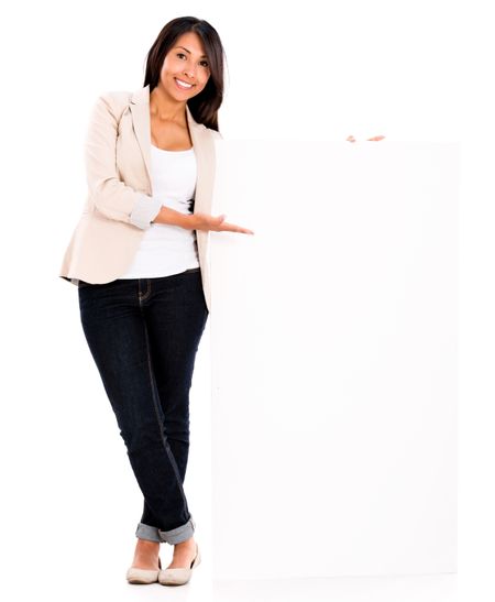 Casual woman displaying a banner - isolated over a white background 