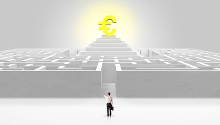 Man standing in front of a big round maze with profit concept on the middle
