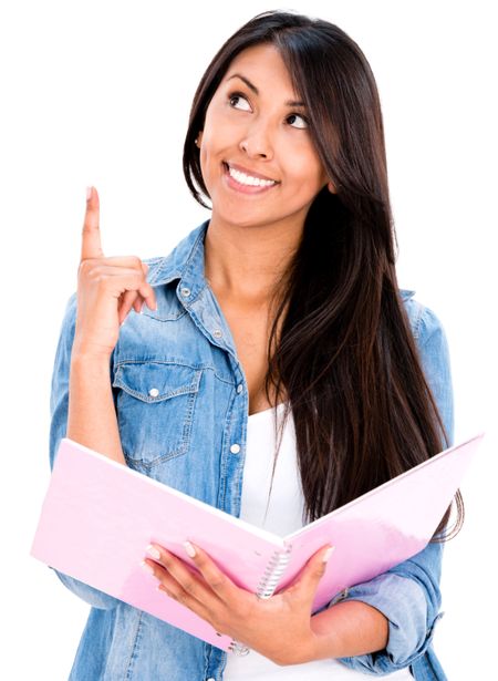 Thoughtful female student pointing an idea - isolated over white background 