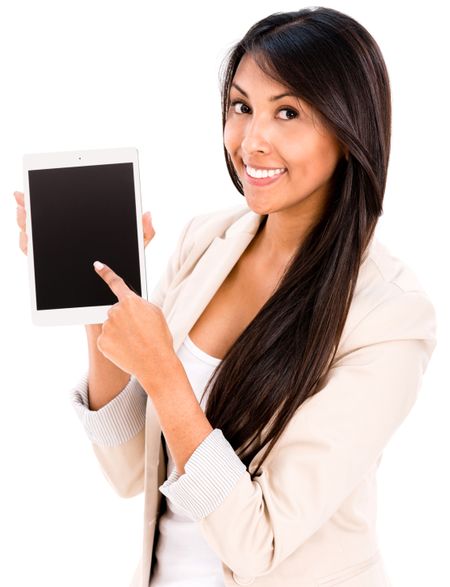 Happy woman using a tablet computer - isolated over white 