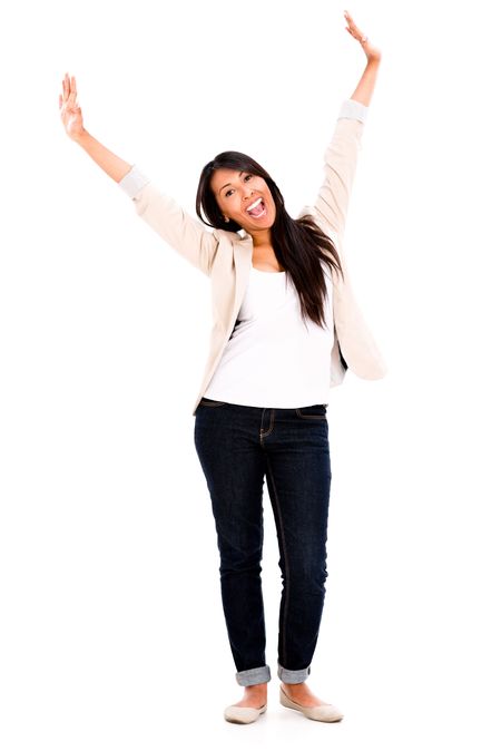 Excited woman with arms up - isolated over a white background 