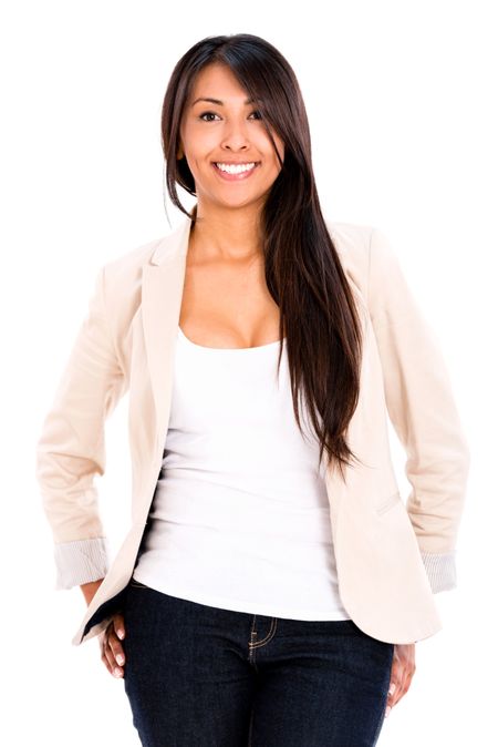 Happy casual woman smiling - isolated over a white background