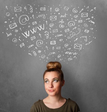 Pretty young woman gesturing with sketched social network icons above her head