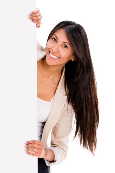 Happy woman holding a banner - isolated over a white background