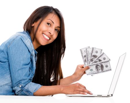 Woman shopping and saving money online - isolated over a white background 