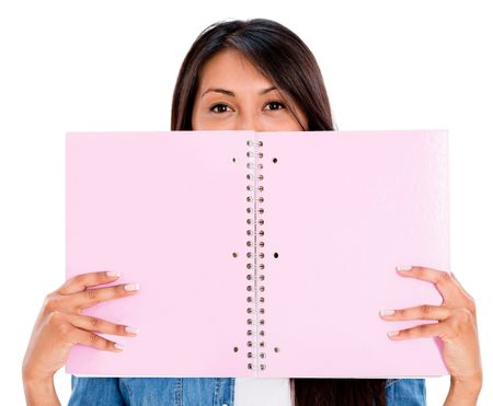 Female student with a notebook - isolated over white background 