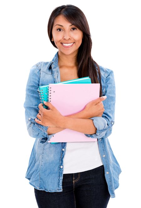 Happy female student with notebooks - isolated over a white background 