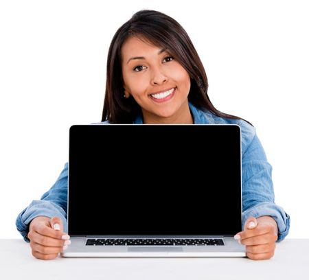 Happy woman with a laptop - isolated over a white background