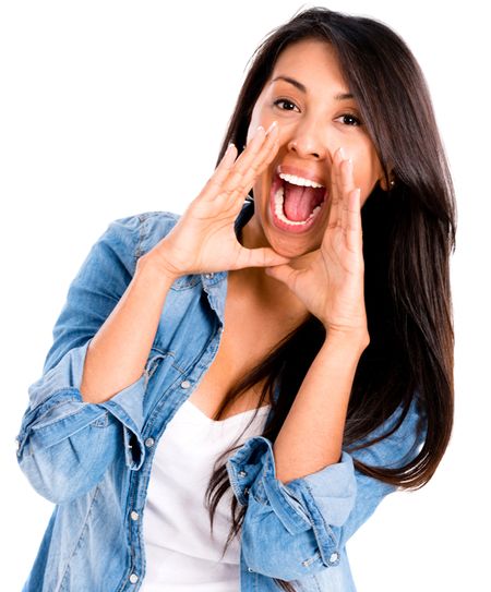 Casual woman screaming - isolated over a white background 