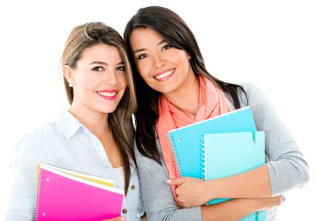 Happy college girls smiling - isolated over a white background 
