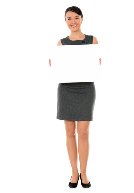 Happy business woman with a banner - isolated over a white background 
