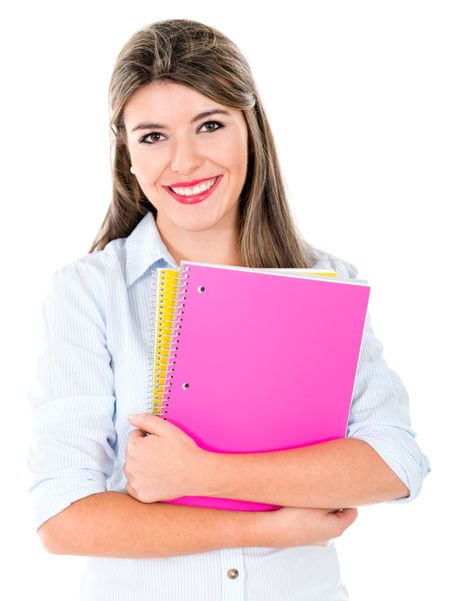Happy female student smiling - isolated over a white background 