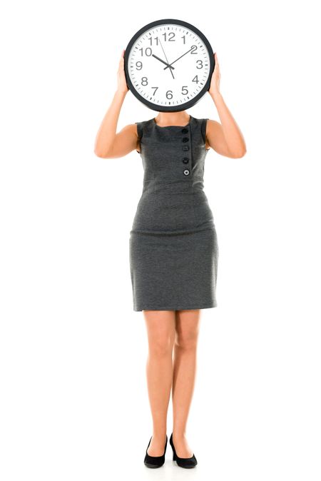 Female human clock - isolated over a white background 