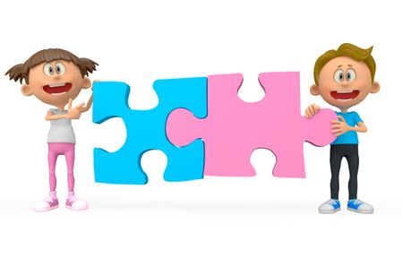 3D kids holding pink and blue puzzle pieces - isolated over white 