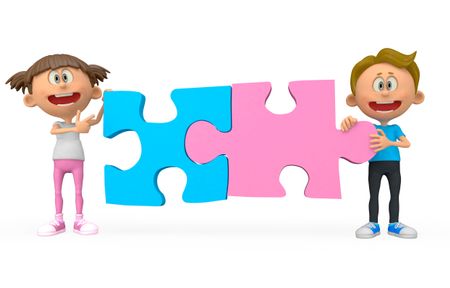 3D kids holding pink and blue puzzle pieces - isolated over white