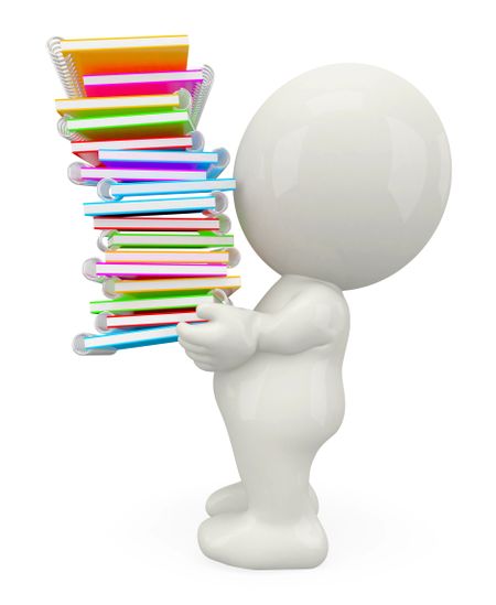 3D student carrying a bunch of books - isolated over white background 