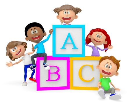 3D group of school children with ABC cubes - isolated over white 