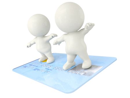 3D men surfing on a credit card - isolated over white background 