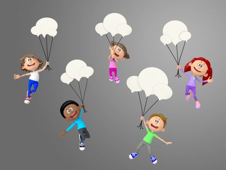 3D talkative kids hanging from chat bubbles 