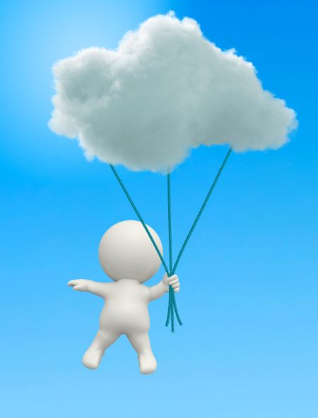 3D man hanging from a cloud in the blue sky 