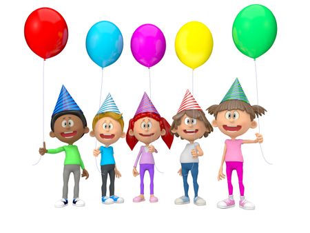 3D group of party kids celebrating a birthday - isolated over white 