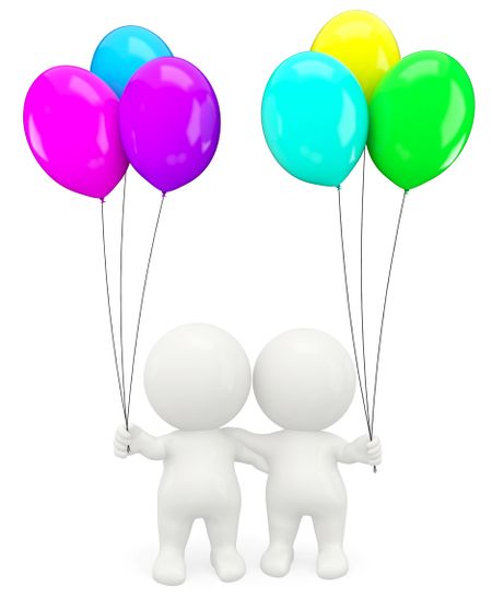 3D romantic couple holding balloons - isolated over a white background 