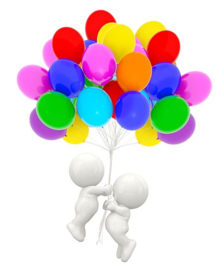 3D couple holding helium balloons - isolated over white background