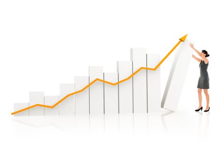 Business woman with a 3D growth graph- isolated over white 