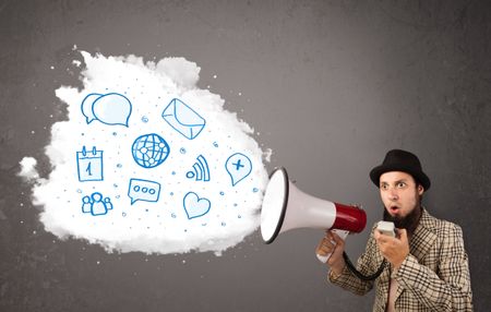 Young man shouting into loudspeaker and modern blue icons and symbols come out