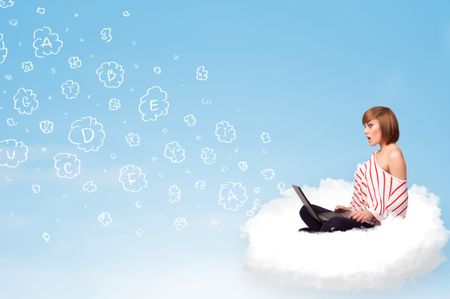 Pretty young woman sitting in cloud with laptop, letters concept