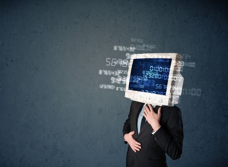 Human monitor pc calculating computer data on a blue screen