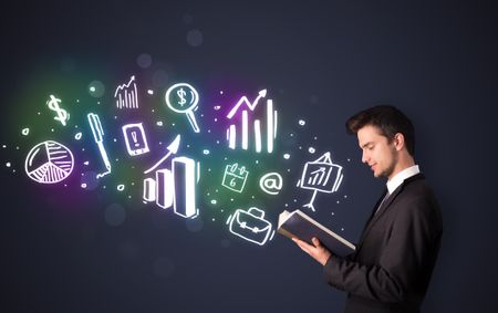 young-guy-reading-book-business-icons-154887575 Young guy reading a book with business icons coming out of the book