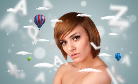 Beautiful young woman with wellness and healthcare clouds on gradient background