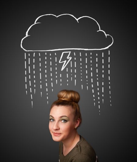 Thoughtful young woman with thundercloud above her head