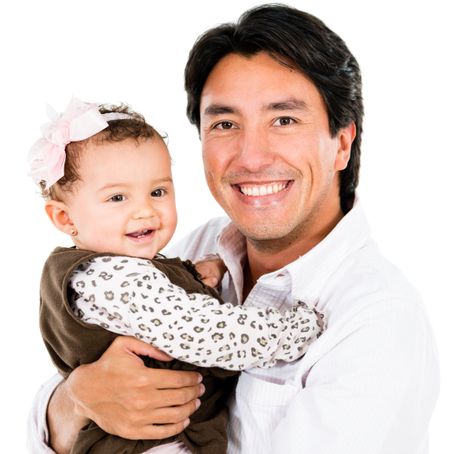 Happy father and daughter - isolated over a white background 