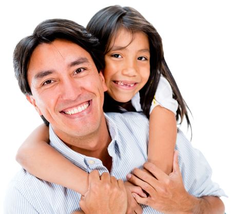 Loving father and daughter looking happy - isolated over white